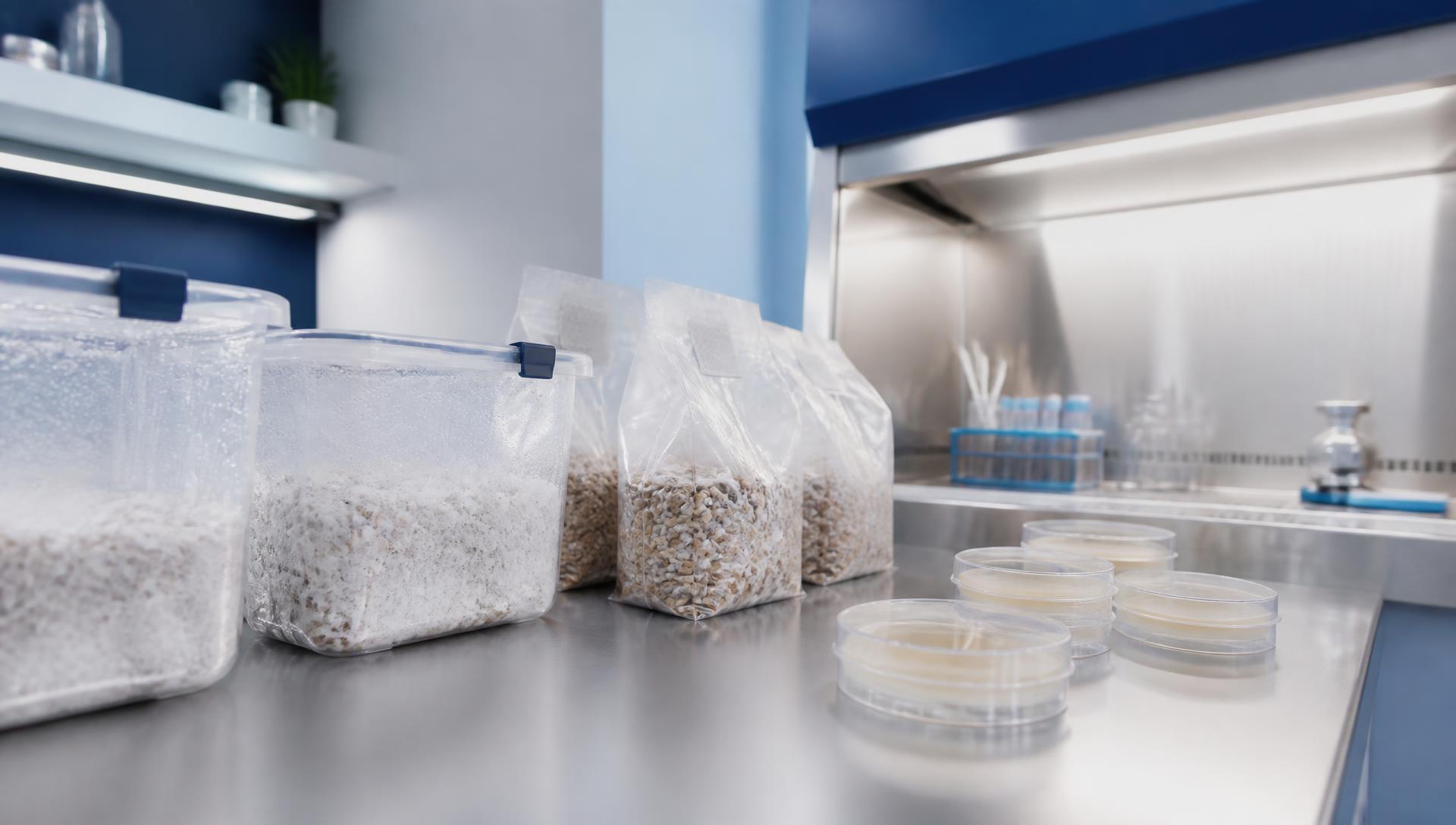 Sterile mycology lab bench with monotubs, sterile grain bags and agar plates