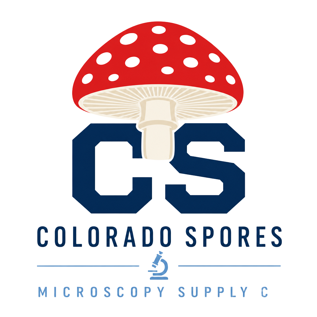 Colorado Spores — Microscopy Supply Co. red and white mushroom over CS monogram